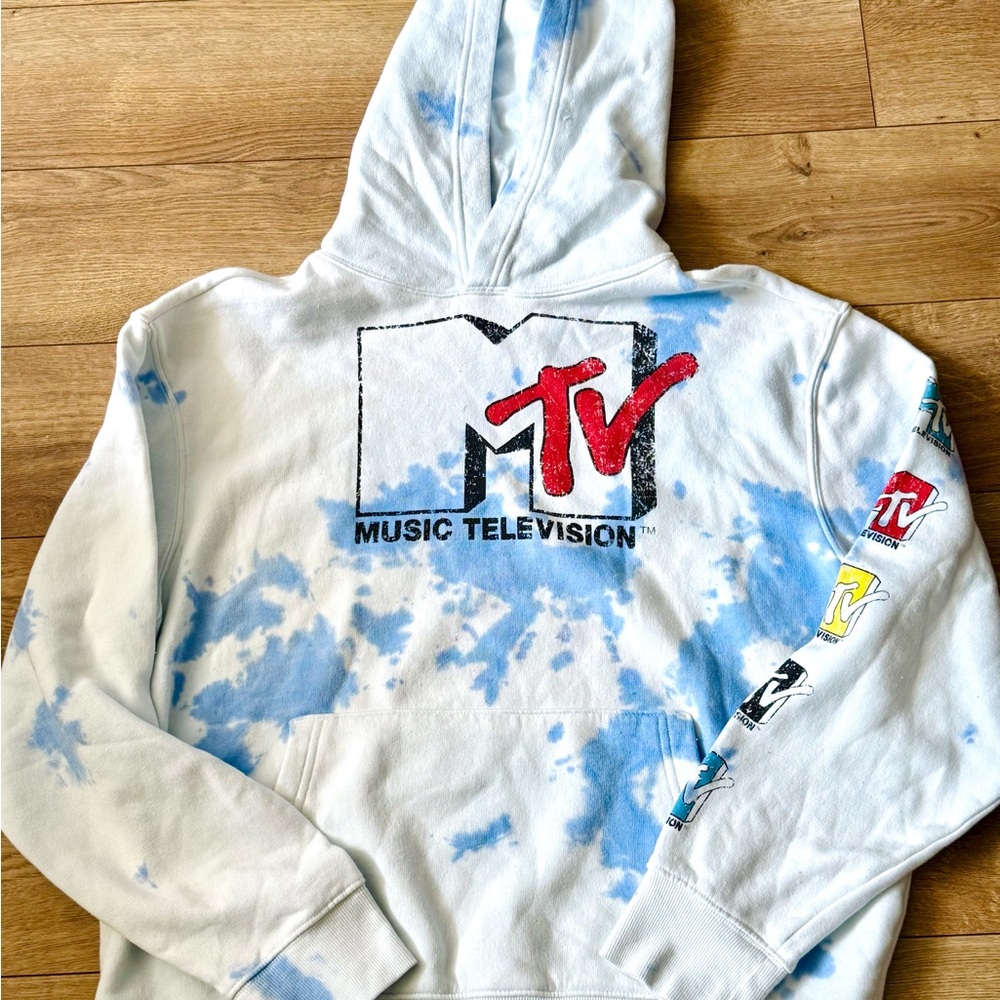 NWT ~MTV Tie-Dye Hoodie - White and Blue Sz:M